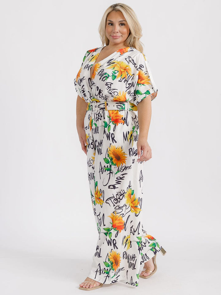 PLUS SIZE SHORT SLEEVE SURPLICE ELASTIC WAIST MULTI PRINT WIDE LEG JUMPSUIT