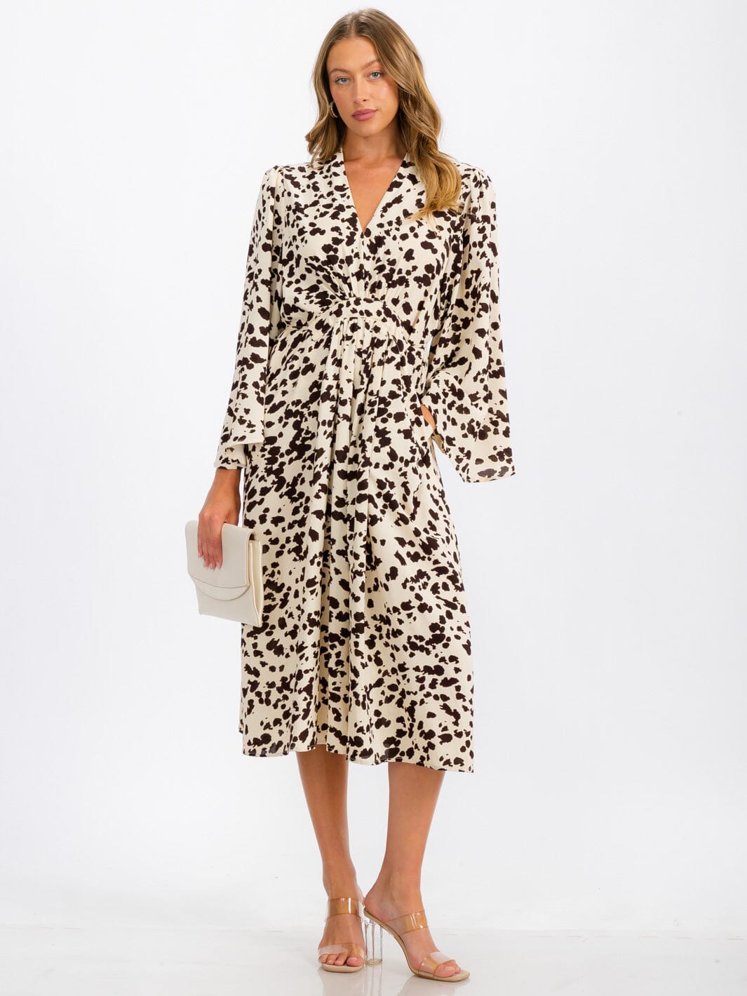 WOMEN'S LONG SLEEVE V-NECK SELF TIE POCKETS PRINTED TUNIC MIDI DRESS