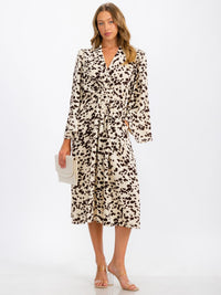 WOMEN'S LONG SLEEVE V-NECK SELF TIE POCKETS PRINTED TUNIC MIDI DRESS