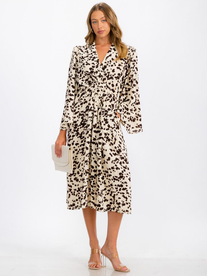 WOMEN'S LONG SLEEVE V-NECK SELF TIE POCKETS PRINTED TUNIC MIDI DRESS
