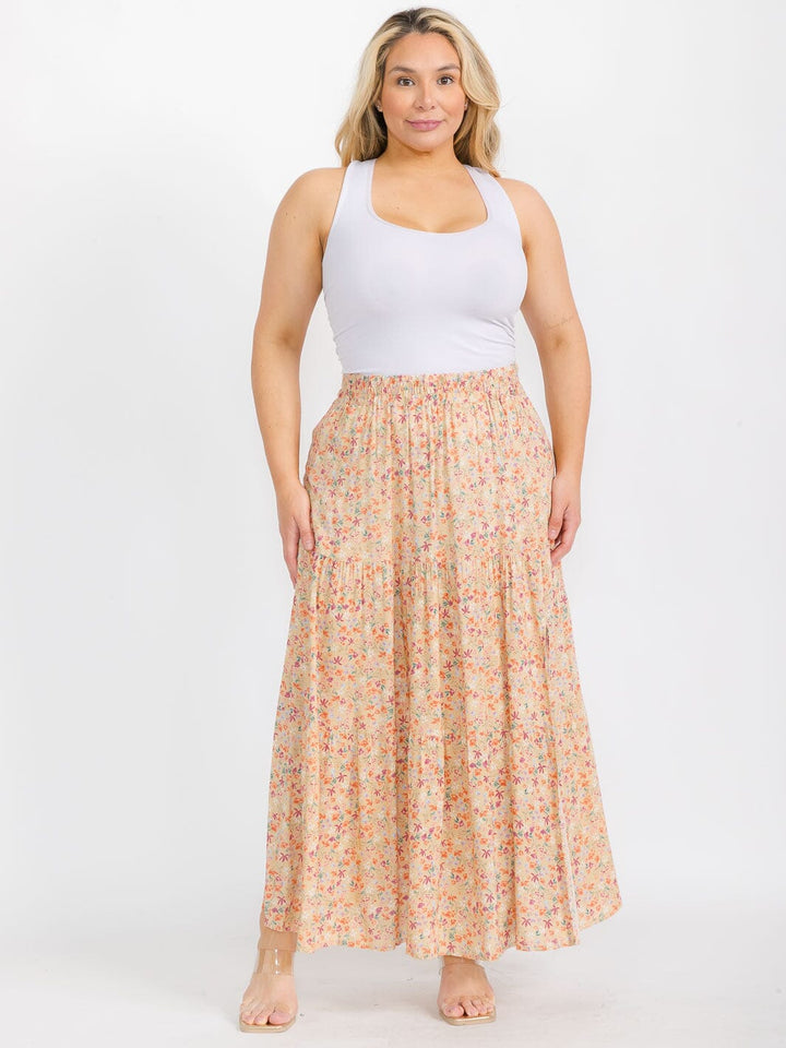 PLUS SIZE ELASTIC WAIST SIDE SLIT FLORAL MAXI SKIRT