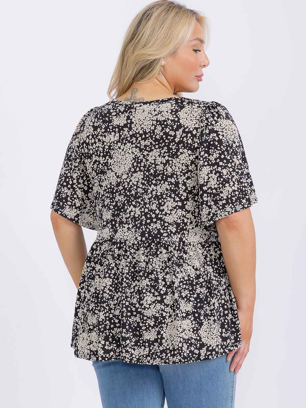 PLUS SIZE SHORT SLEEVE V-NECK FLORAL PRINT BLOUSE