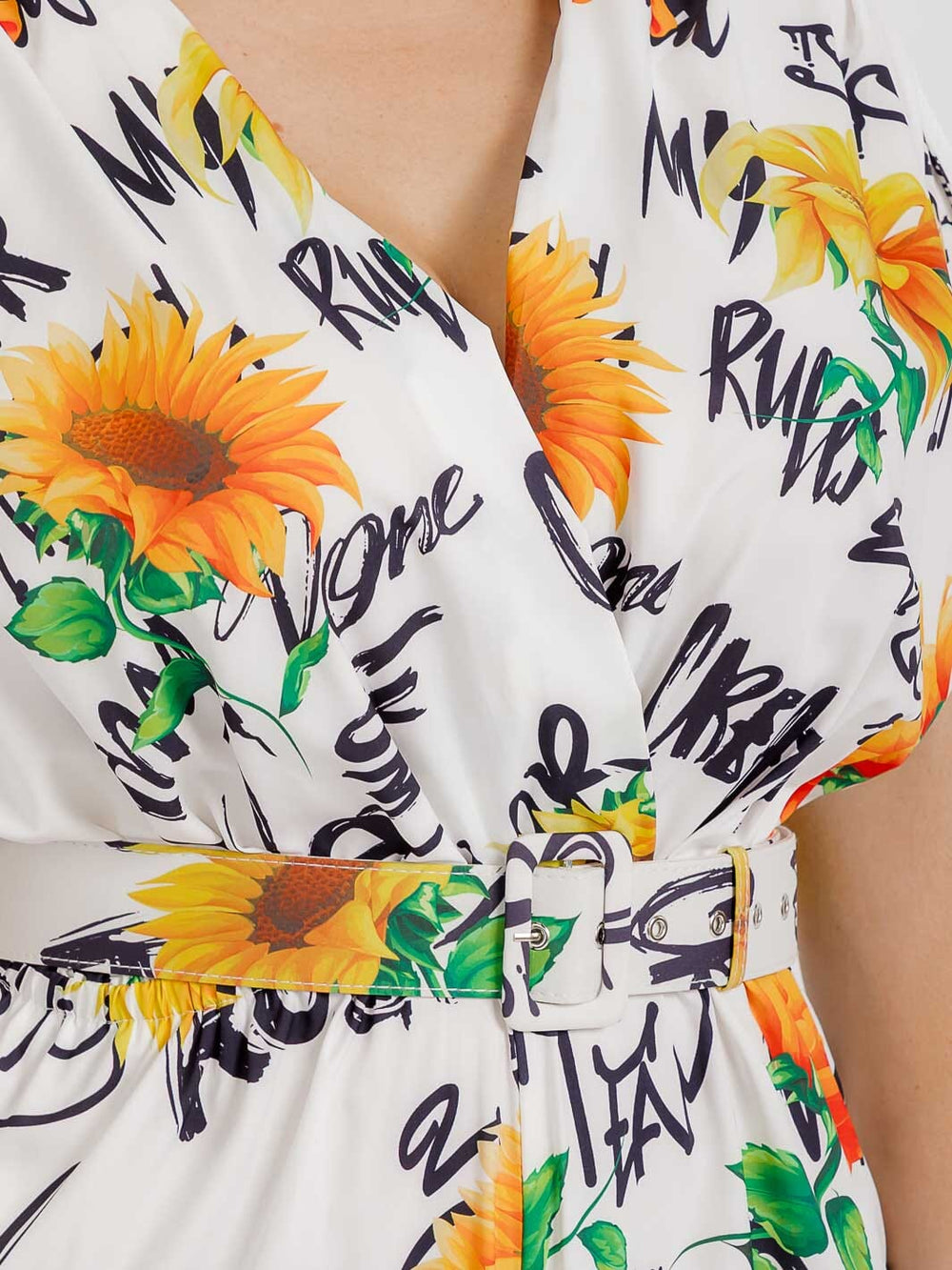 PLUS SIZE SHORT SLEEVE SURPLICE ELASTIC WAIST MULTI PRINT WIDE LEG JUMPSUIT