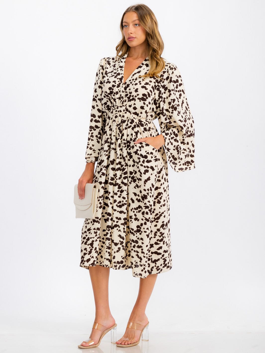 WOMEN'S LONG SLEEVE V-NECK SELF TIE POCKETS PRINTED TUNIC MIDI DRESS