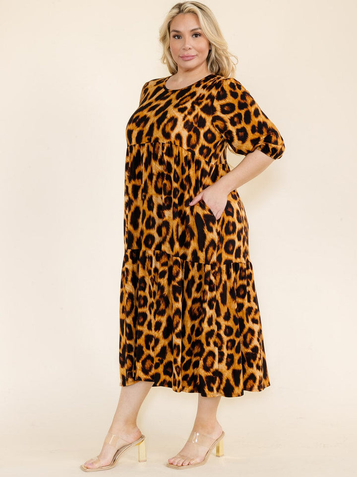 PLUS SIZE 3/4 SLEEVE FRONT POCKETS ANIMAL PRINT TUNIC MAXI DRESS
