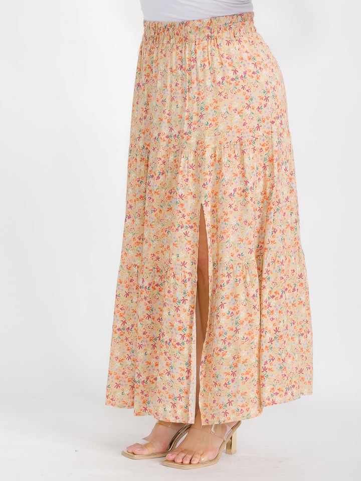 PLUS SIZE ELASTIC WAIST SIDE SLIT FLORAL MAXI SKIRT