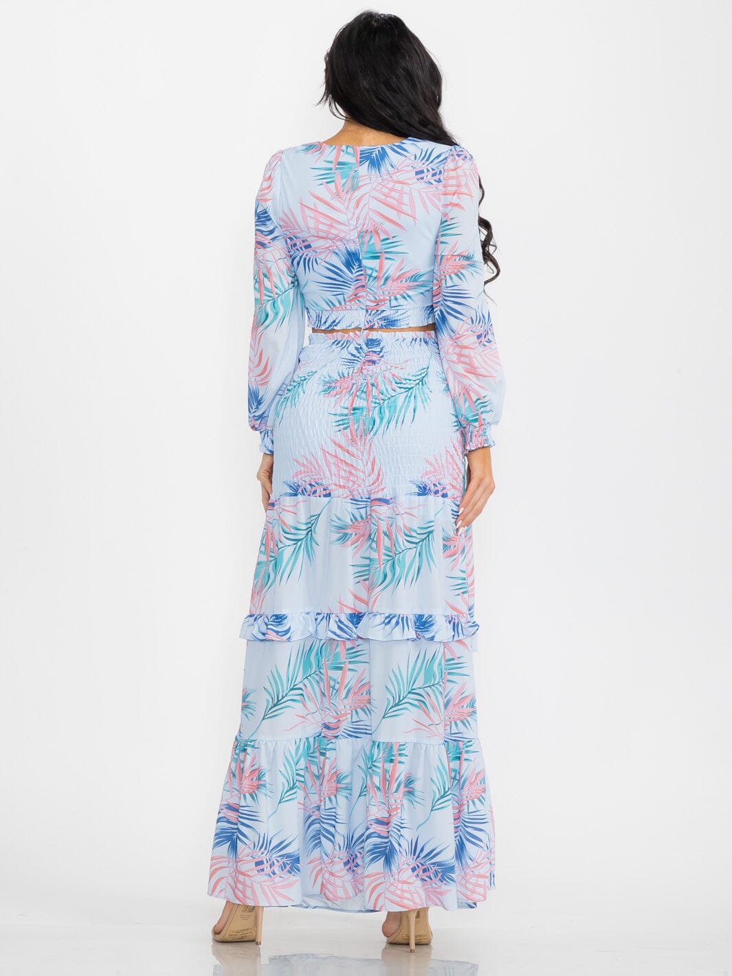 WOMEN'S LONG SLEEVE CROP TOP & SMOCK WAIST MAXI SKIRT LEAF PRINT 2PC. SET