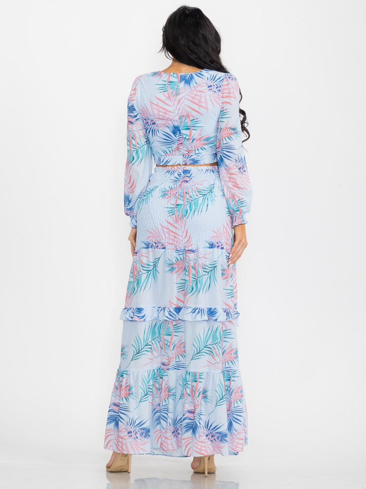 WOMEN'S LONG SLEEVE CROP TOP & SMOCK WAIST MAXI SKIRT LEAF PRINT 2PC. SET