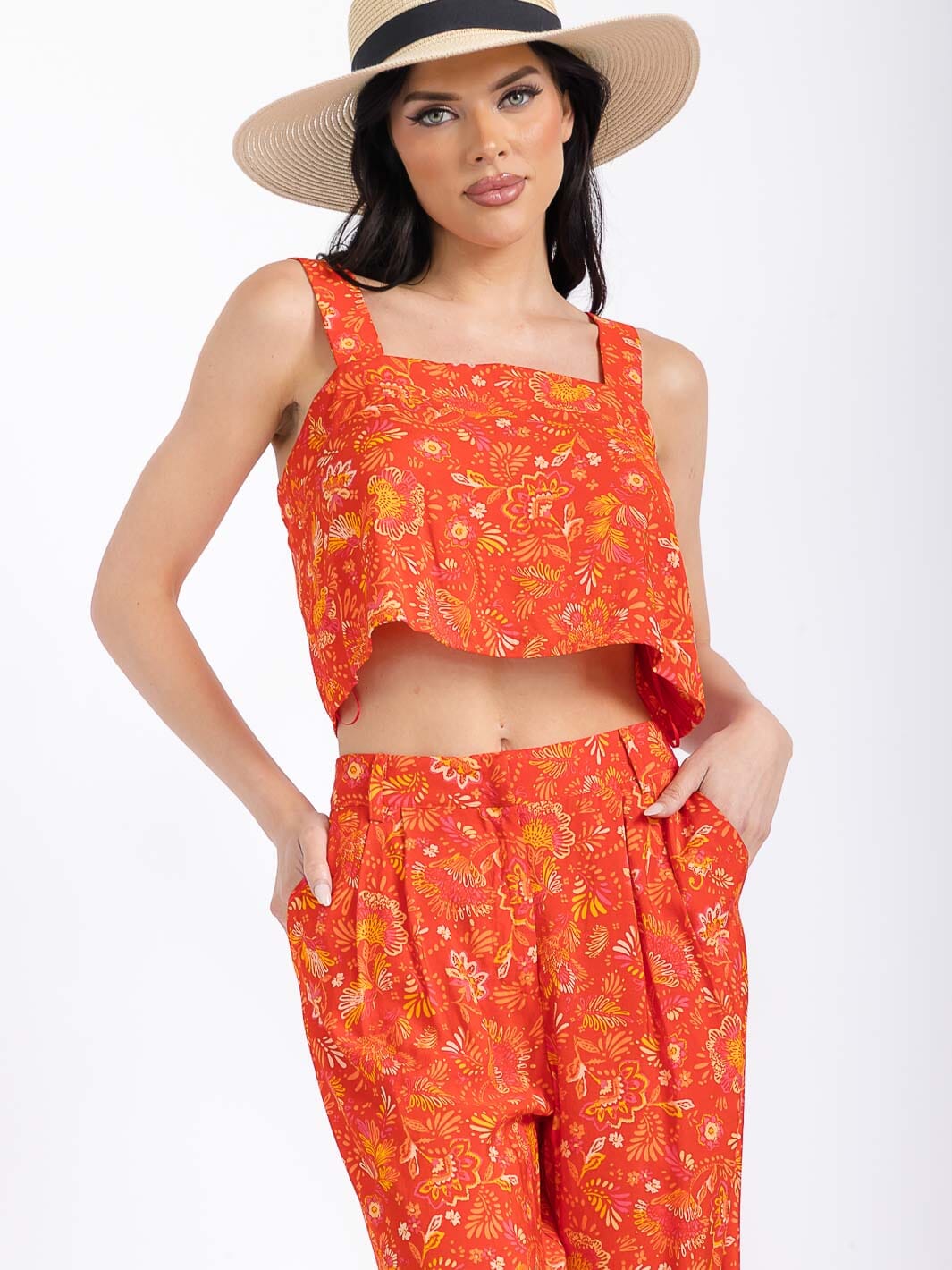 WOMEN'S SLEEVELESS TANK TOP & ELASTIC WAIST PANTS FLORAL 2PC. SET