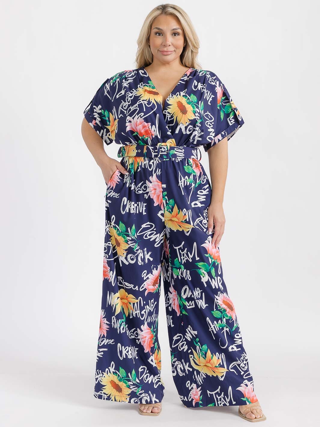 PLUS SIZE SHORT SLEEVE SURPLICE ELASTIC WAIST MULTI PRINT WIDE LEG JUMPSUIT