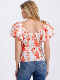 WOMEN'S SHORT PUFF SLEEVE V-NECK EYELET FLORAL BLOUSE
