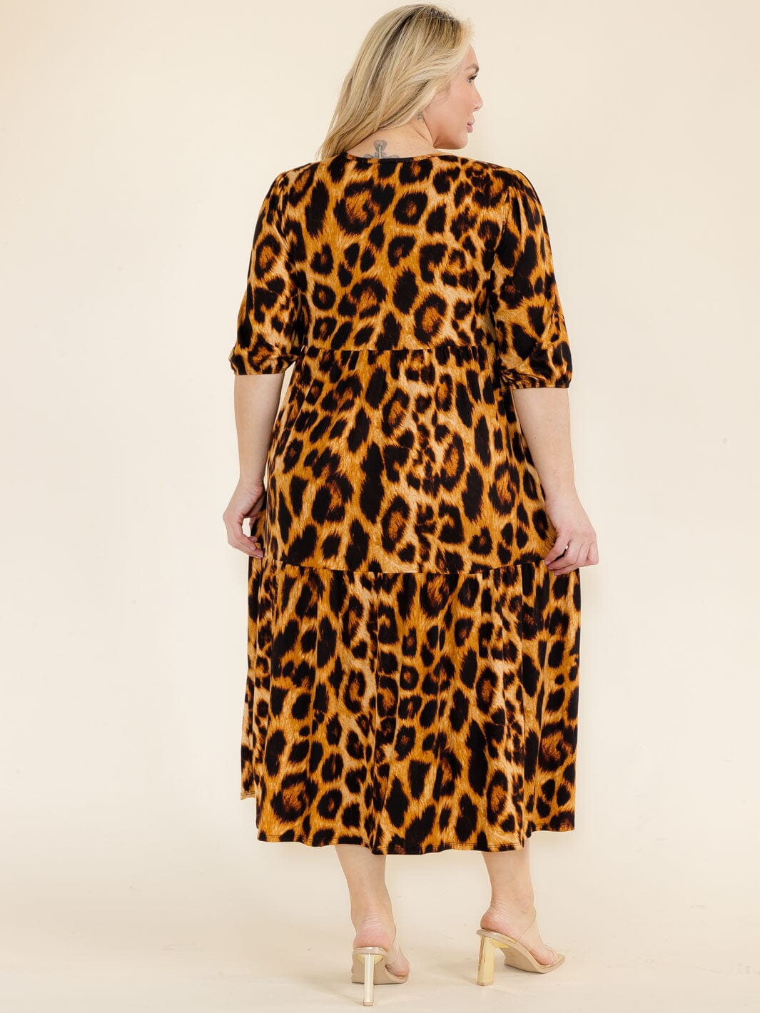 PLUS SIZE 3/4 SLEEVE FRONT POCKETS ANIMAL PRINT TUNIC MAXI DRESS