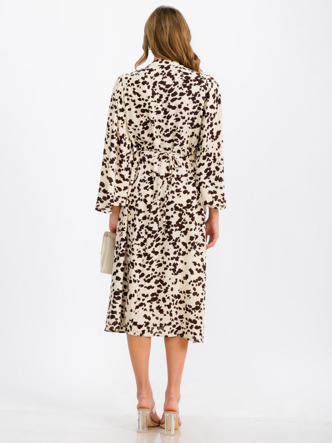 WOMEN'S LONG SLEEVE V-NECK SELF TIE POCKETS PRINTED TUNIC MIDI DRESS