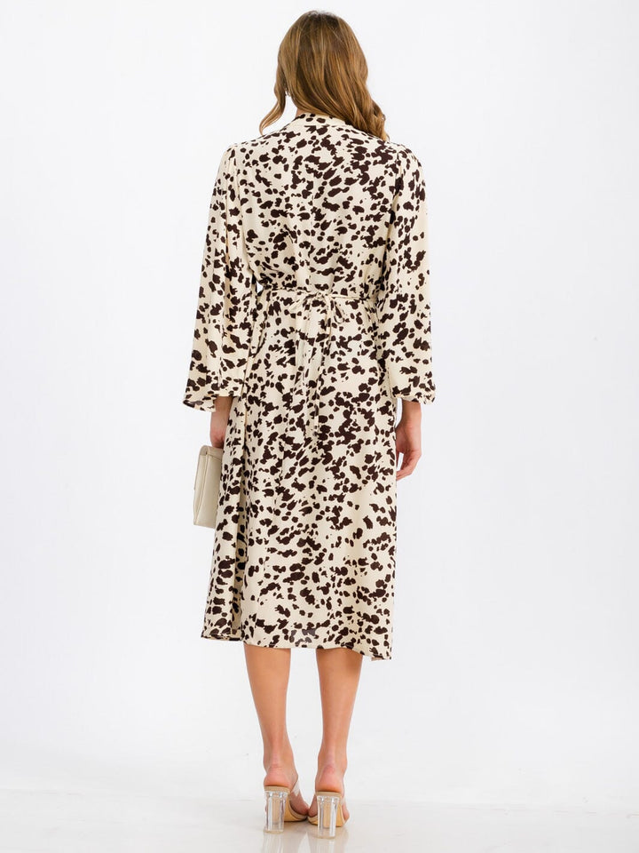 WOMEN'S LONG SLEEVE V-NECK SELF TIE POCKETS PRINTED TUNIC MIDI DRESS