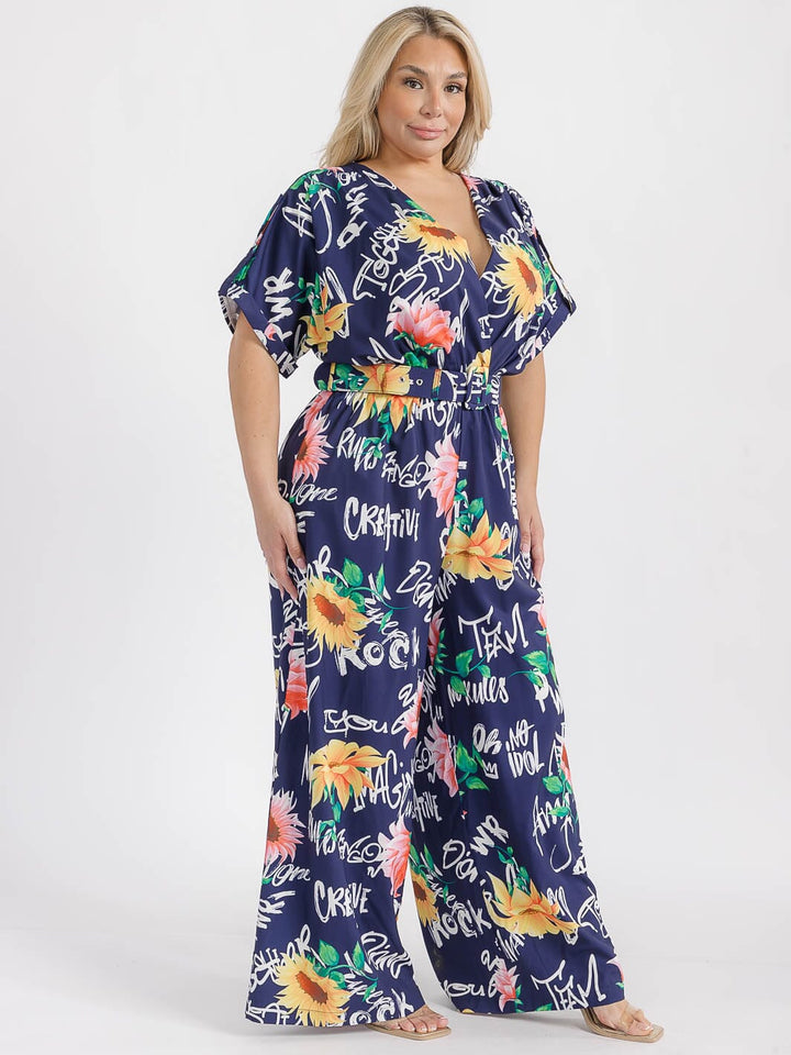 PLUS SIZE SHORT SLEEVE SURPLICE ELASTIC WAIST MULTI PRINT WIDE LEG JUMPSUIT