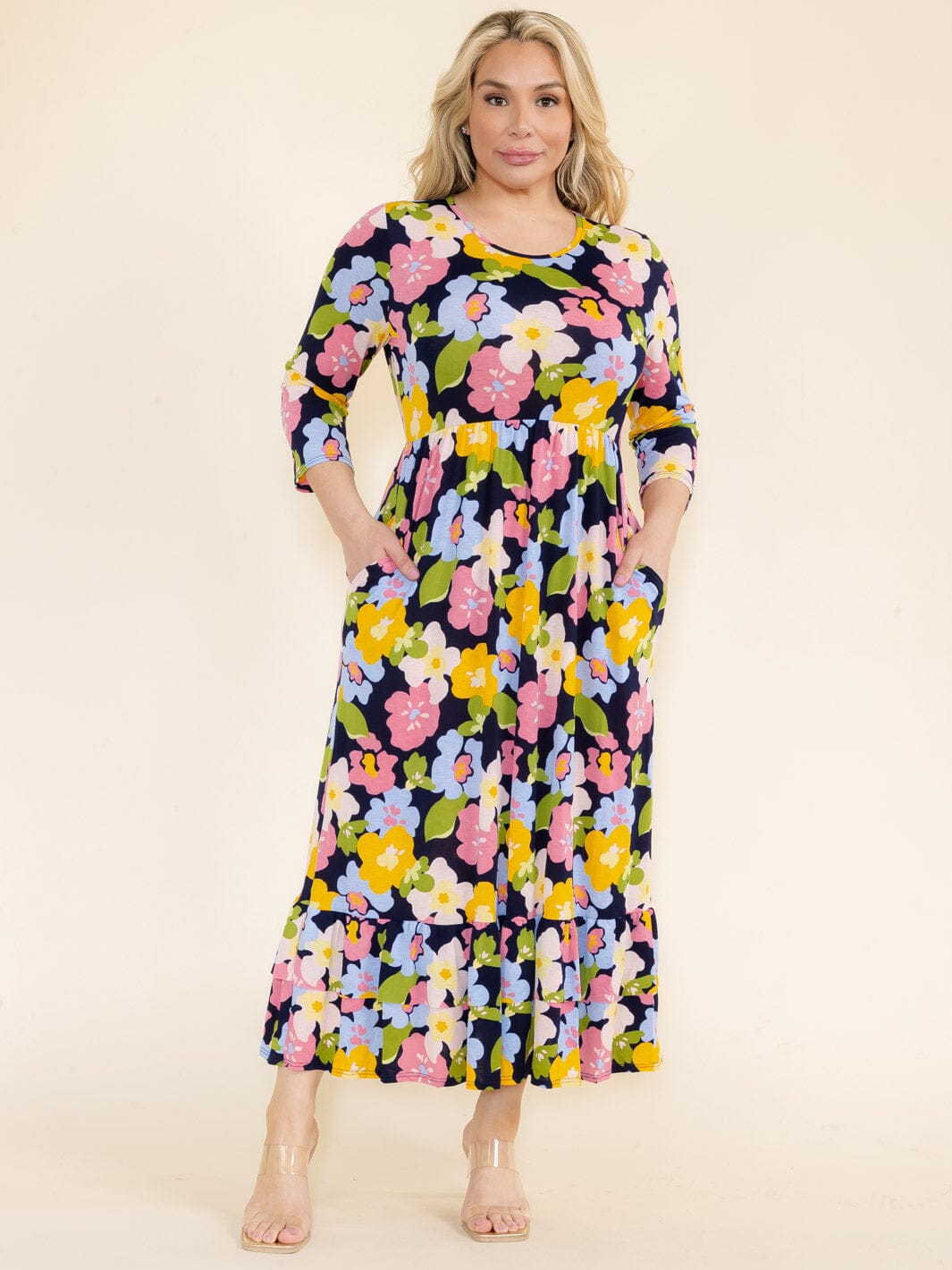 PLUS SIZE 3/4 SLEEVE FRONT POCKETS FLOWER PRINT TUNIC MAXI DRESS