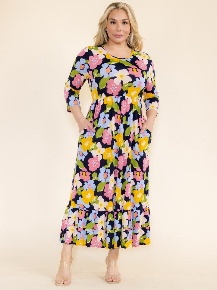 PLUS SIZE 3/4 SLEEVE FRONT POCKETS FLOWER PRINT TUNIC MAXI DRESS