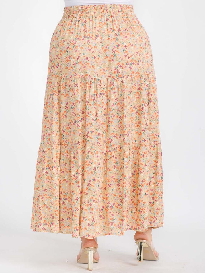PLUS SIZE ELASTIC WAIST SIDE SLIT FLORAL MAXI SKIRT