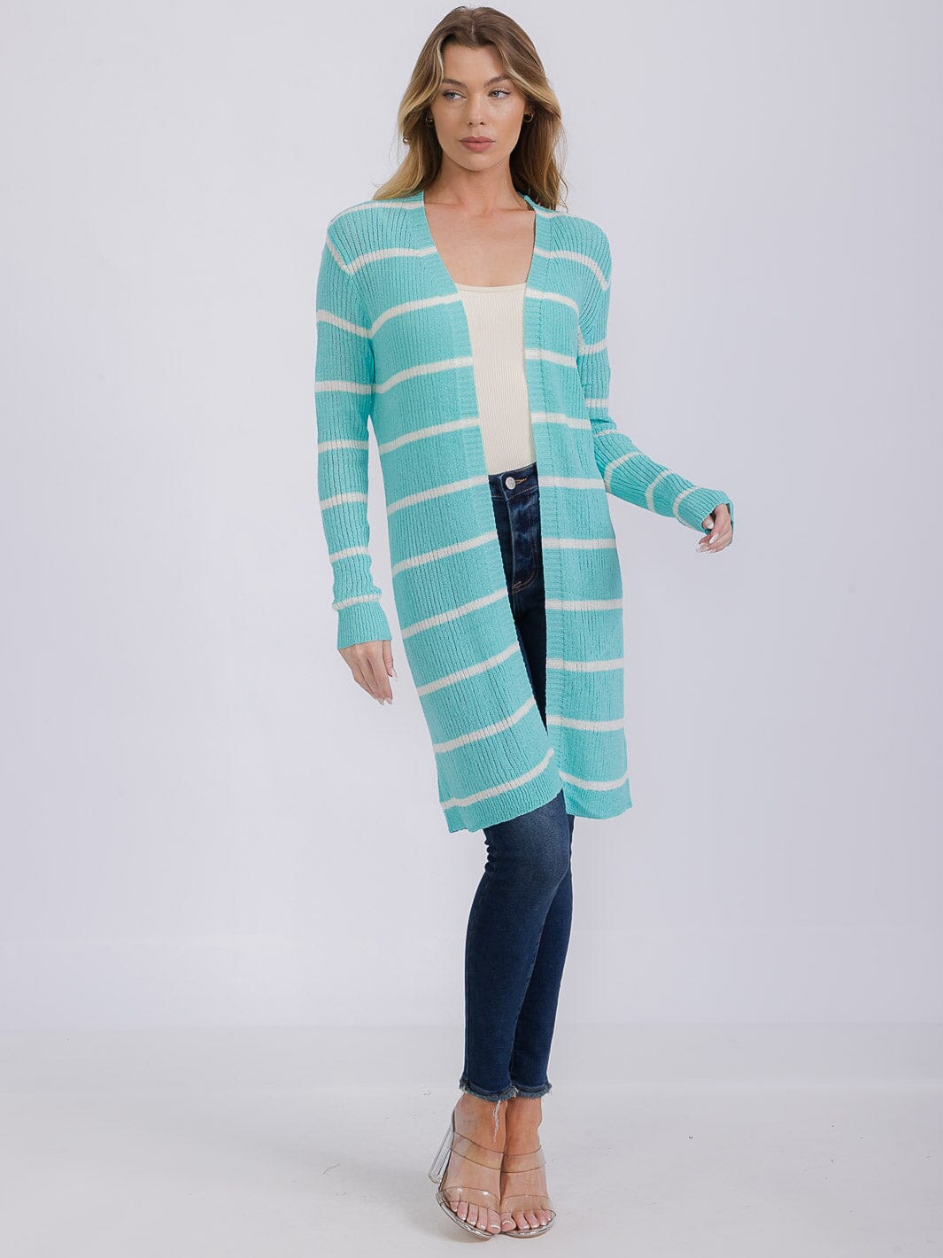WOMEN'S LONG SLEEVE OPEN COLORBLOCK STRIPES KNIT CARDIGAN
