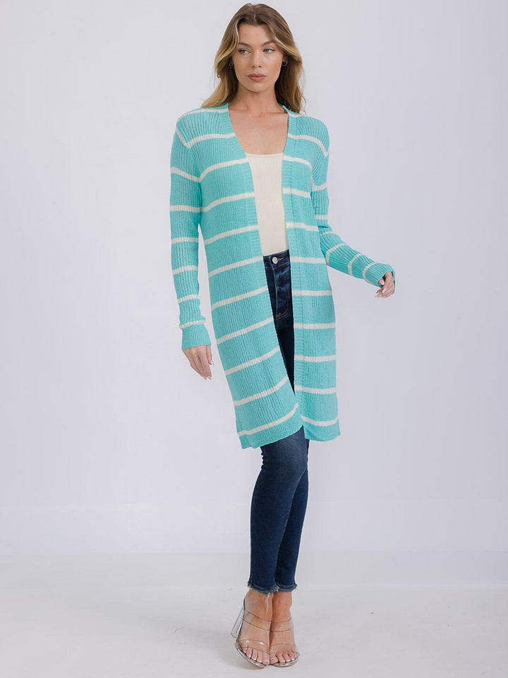 WOMEN'S LONG SLEEVE OPEN COLORBLOCK STRIPES KNIT CARDIGAN