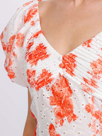 WOMEN'S SHORT PUFF SLEEVE V-NECK EYELET FLORAL BLOUSE