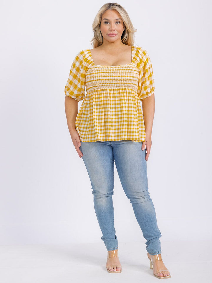 PLUS SIZE SHORT SLEEVE SMOCK PLAID PEPLUM BLOUSE