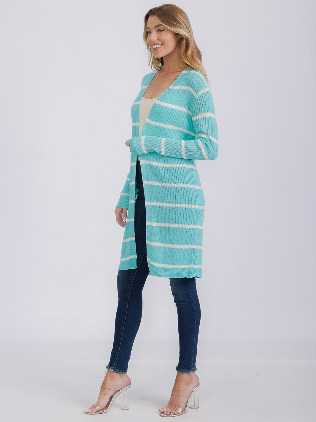 WOMEN'S LONG SLEEVE OPEN COLORBLOCK STRIPES KNIT CARDIGAN