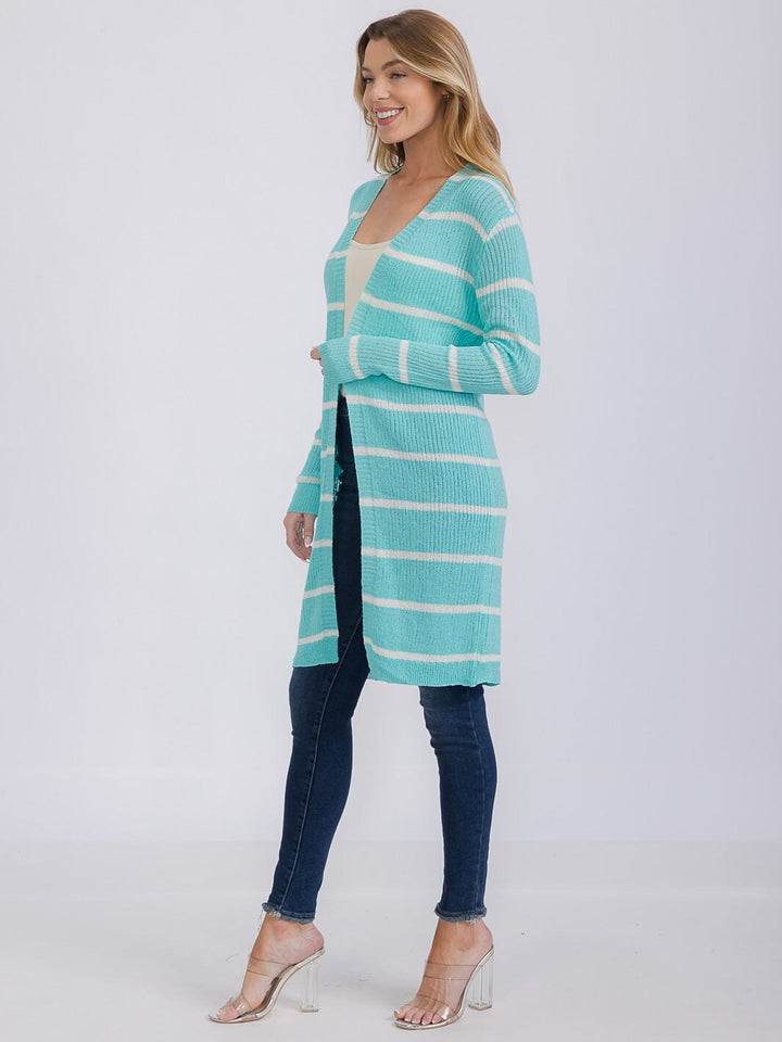 WOMEN'S LONG SLEEVE OPEN COLORBLOCK STRIPES KNIT CARDIGAN