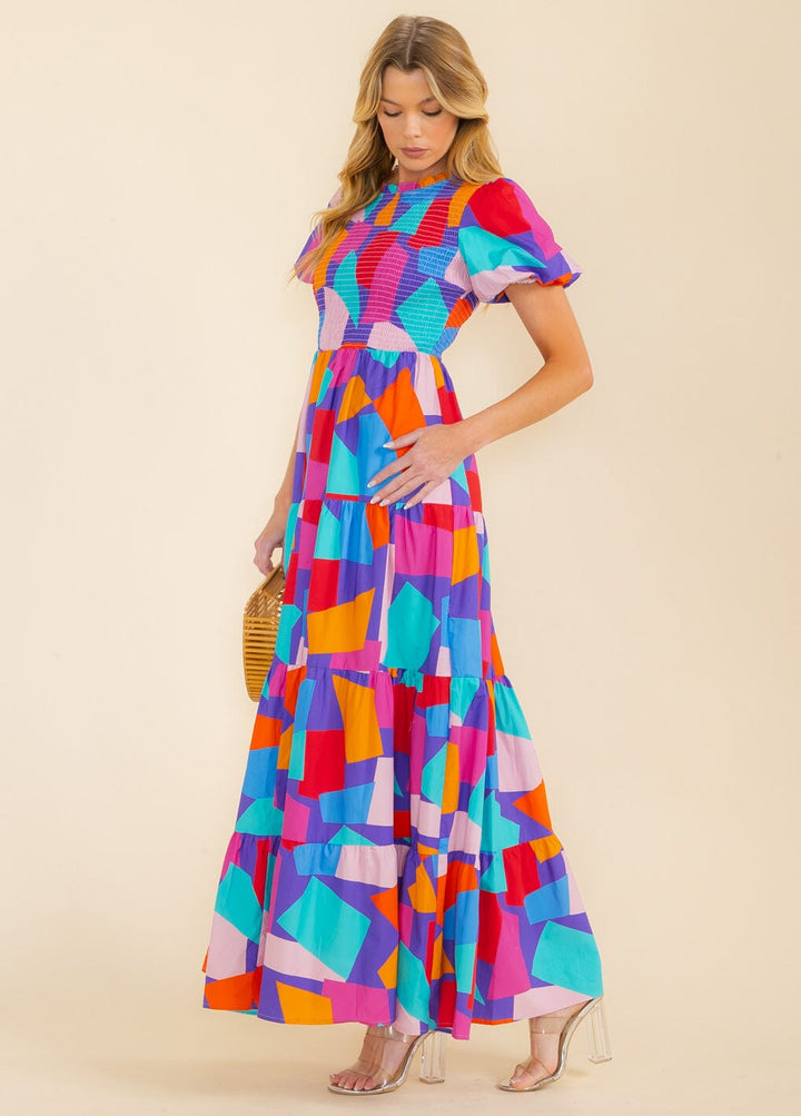 WOMEN'S SHORT SLEEVE SMOCK TIERED COLORBLOCK MAXI DRESS