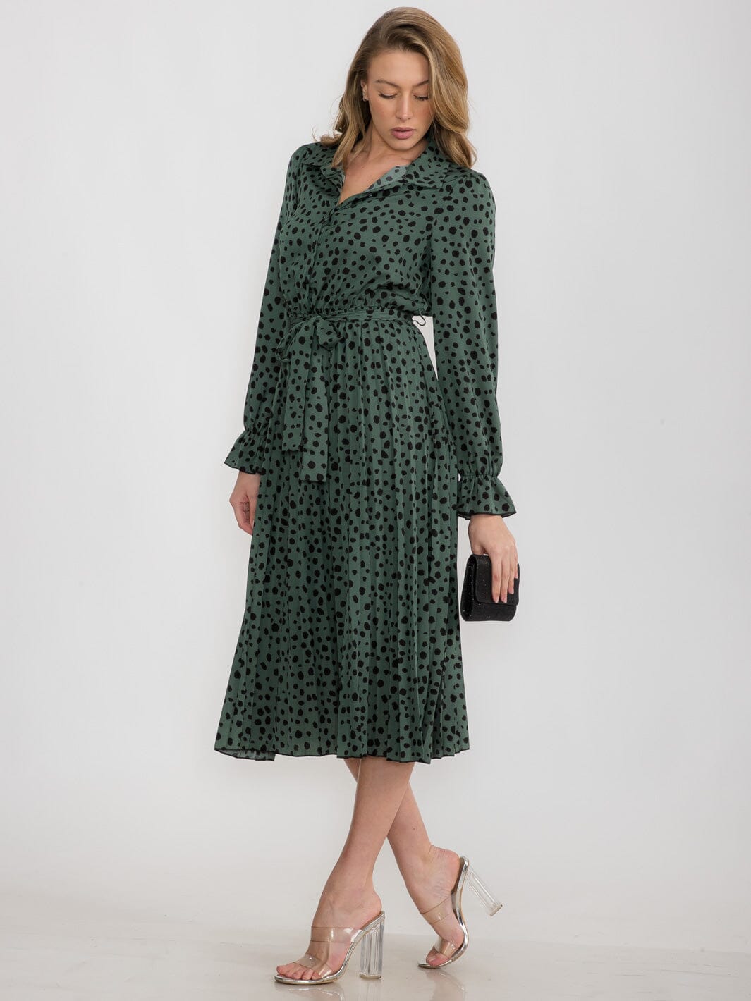 WOMEN'S LONG SLEEVE BUTTON UP SELF TIE ANIMAL PRINT MIDI DRESS