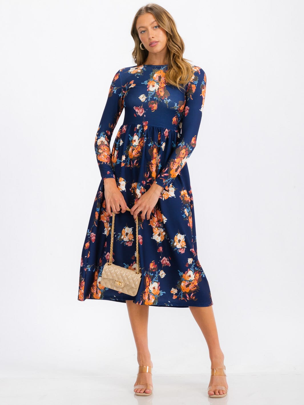 WOMEN'S LONG SLEEVE FLORAL MIDI DRESS