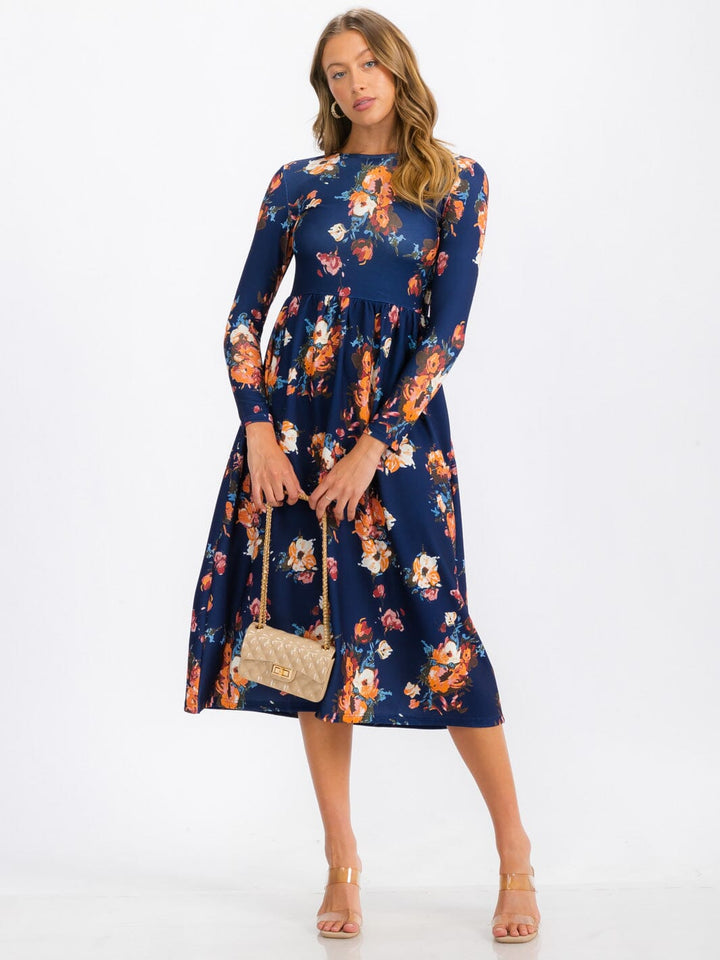WOMEN'S LONG SLEEVE FLORAL MIDI DRESS