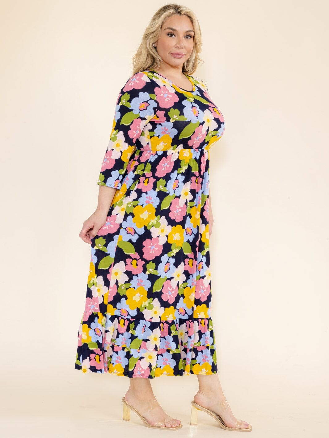 PLUS SIZE 3/4 SLEEVE FRONT POCKETS FLOWER PRINT TUNIC MAXI DRESS