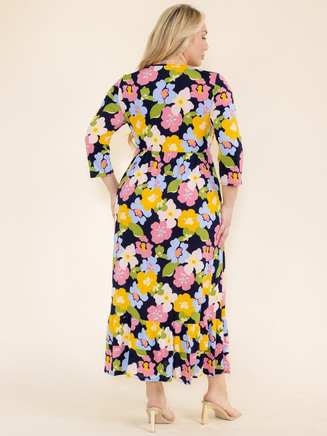 PLUS SIZE 3/4 SLEEVE FRONT POCKETS FLOWER PRINT TUNIC MAXI DRESS