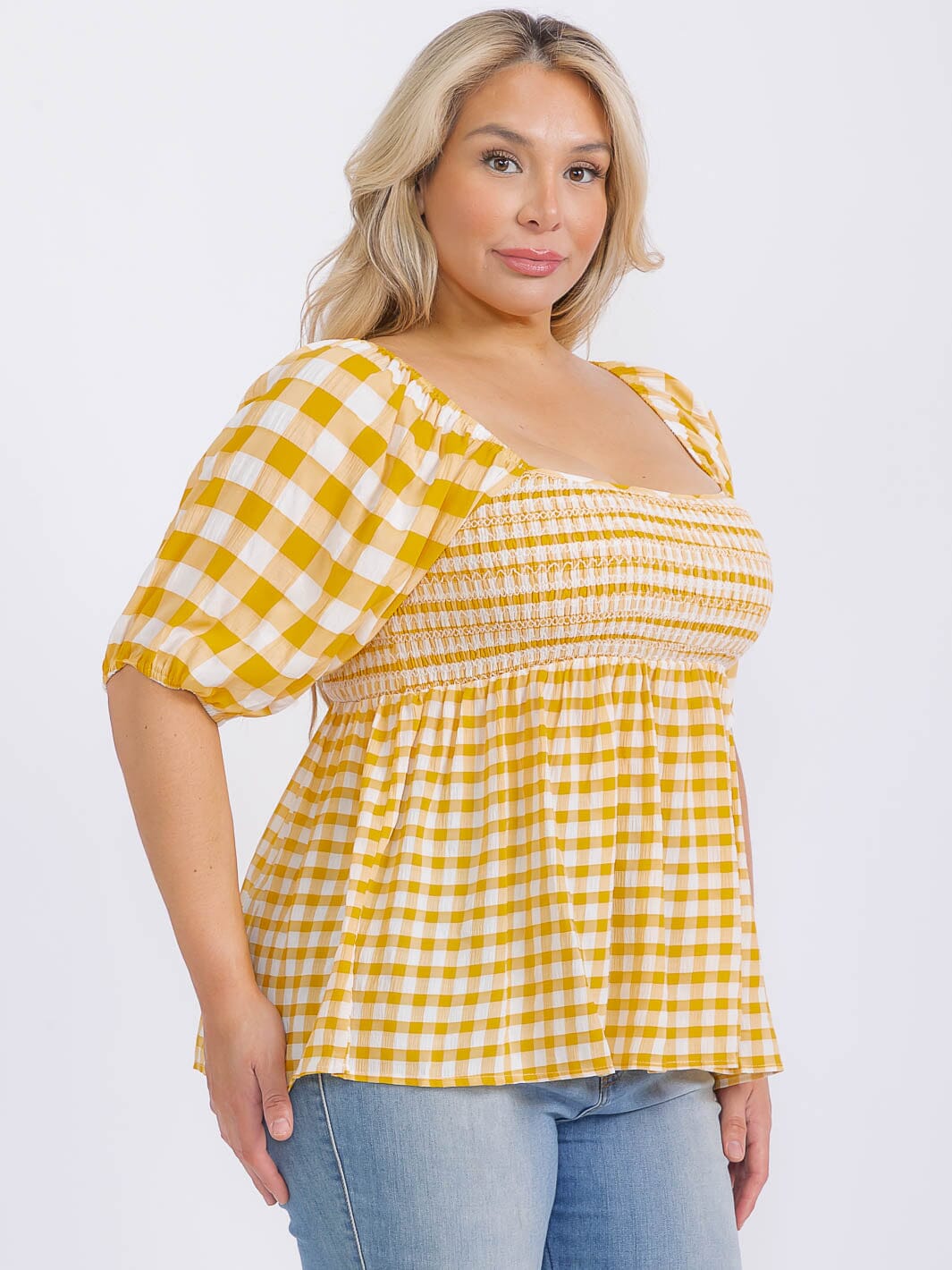 PLUS SIZE SHORT SLEEVE SMOCK PLAID PEPLUM BLOUSE