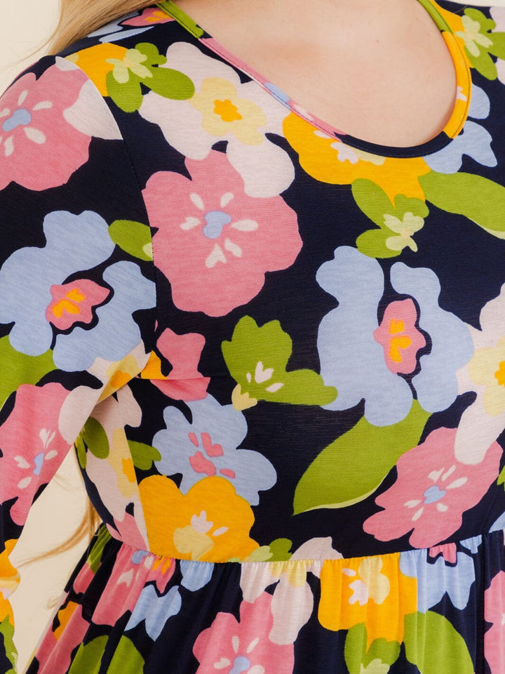 PLUS SIZE 3/4 SLEEVE FRONT POCKETS FLOWER PRINT TUNIC MAXI DRESS