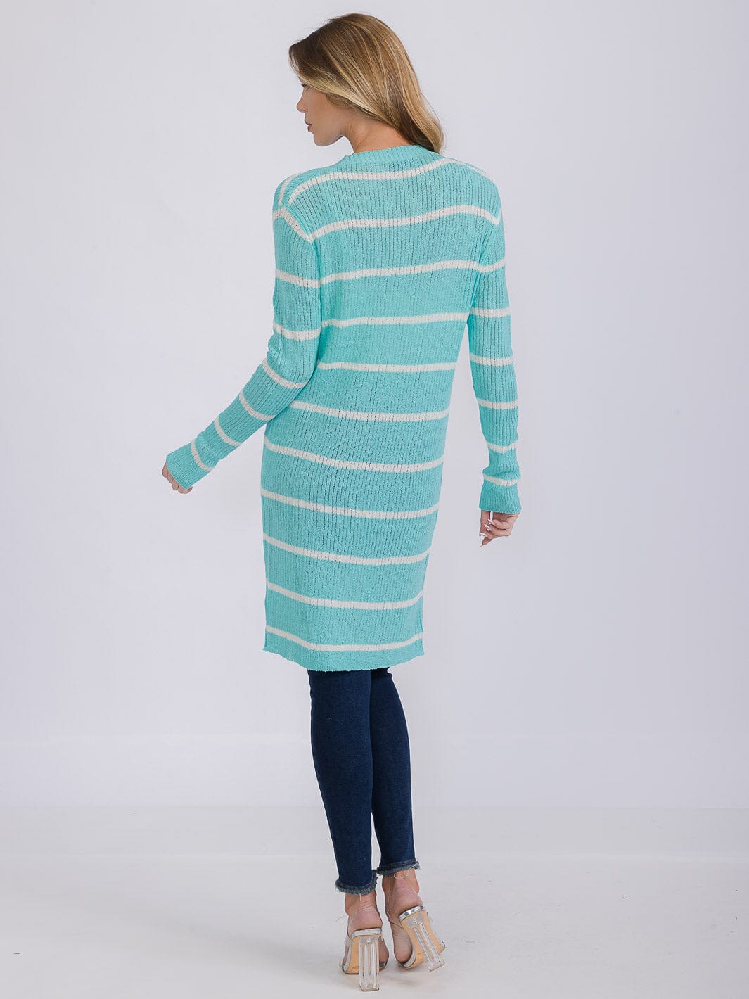 WOMEN'S LONG SLEEVE OPEN COLORBLOCK STRIPES KNIT CARDIGAN