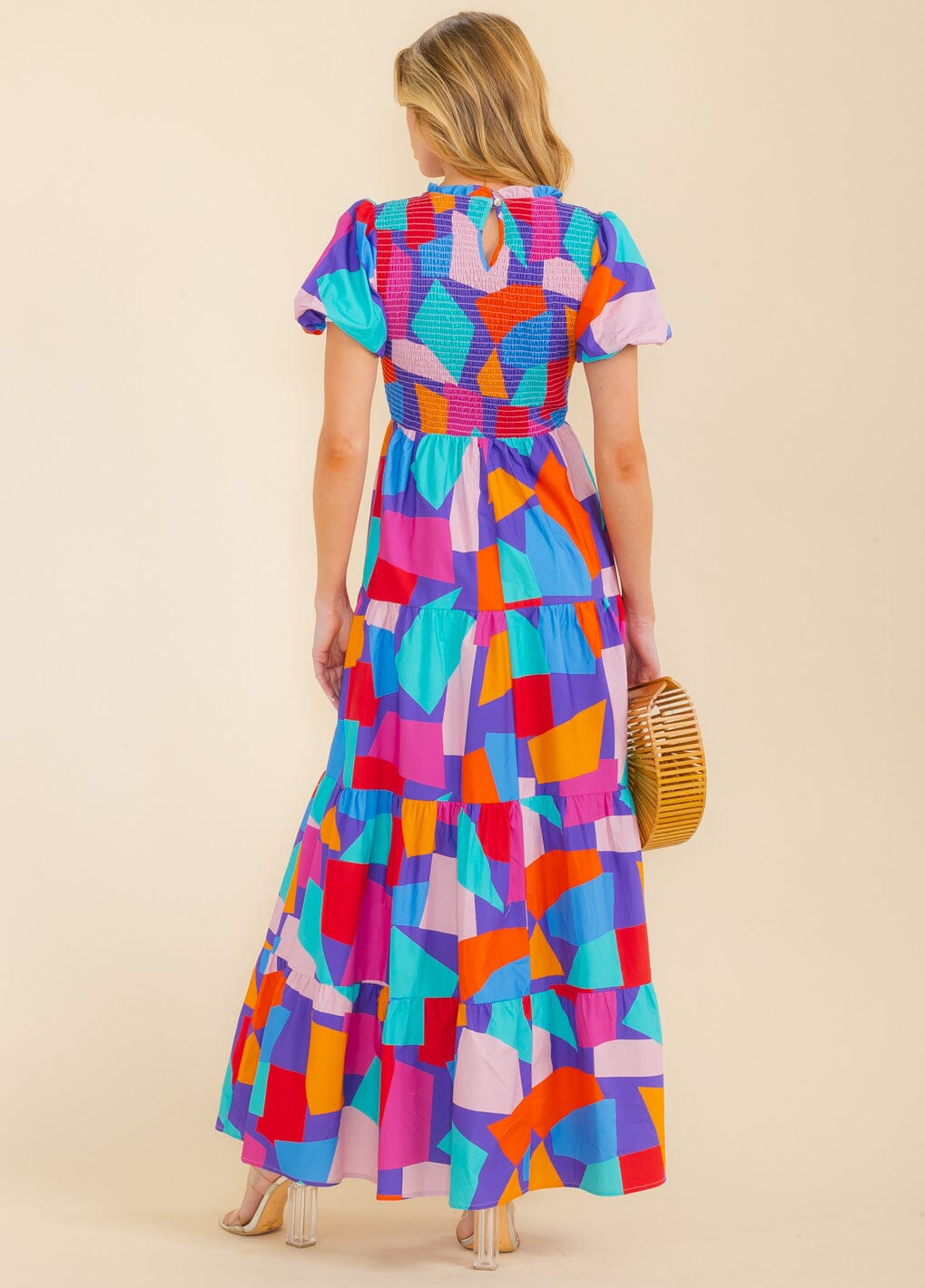 WOMEN'S SHORT SLEEVE SMOCK TIERED COLORBLOCK MAXI DRESS
