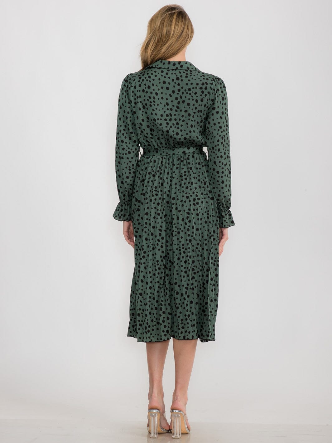 WOMEN'S LONG SLEEVE BUTTON UP SELF TIE ANIMAL PRINT MIDI DRESS