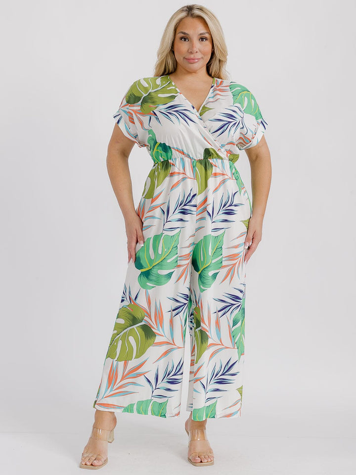 PLUS SIZE SHORT SLEEVE SURPLICE ELASTIC WAIST LEAF PRINT WIDE LEG JUMPSUIT