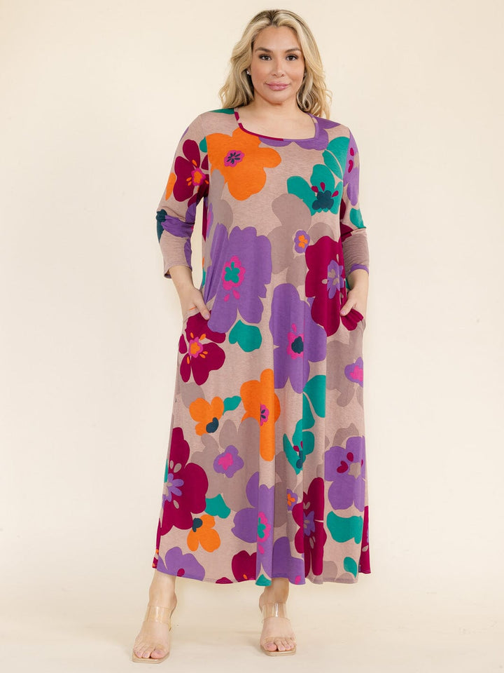 PLUS SIZE 3/4 SLEEVE SQUARE NECK FRONT POCKETS FLOWER PRINT TUNIC MAXI DRESS