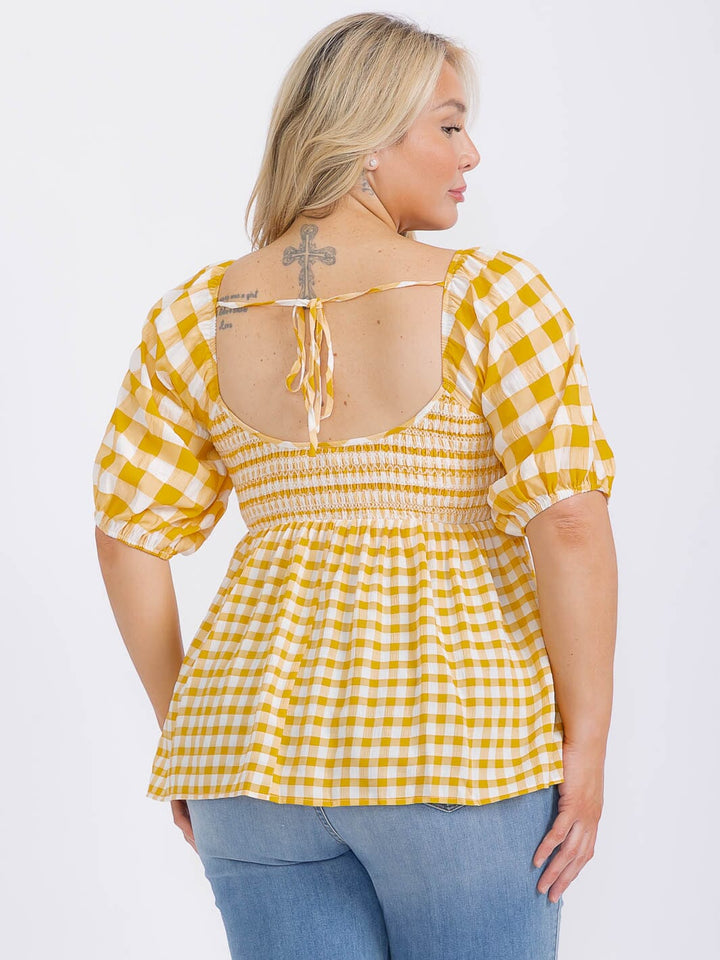 PLUS SIZE SHORT SLEEVE SMOCK PLAID PEPLUM BLOUSE