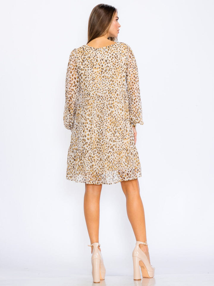 WOMEN'S LONG SLEEVES V-NECK TUNIC ANIMAL PRINT TUNIC MINI DRESS