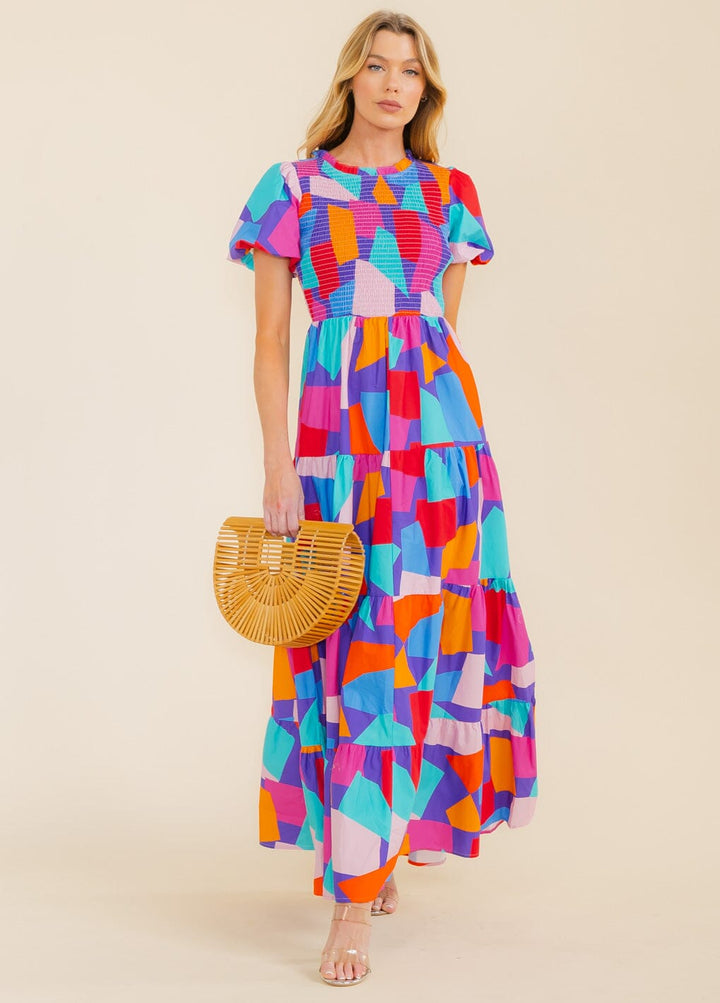 WOMEN'S SHORT SLEEVE SMOCK TIERED COLORBLOCK MAXI DRESS
