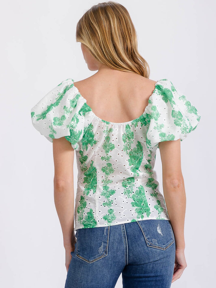 WOMEN'S SHORT PUFF SLEEVE V-NECK EYELET FLORAL BLOUSE