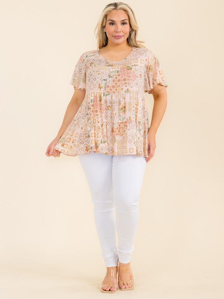 PLUS SIZE SHORT SLEEVE TIERED MULTI PRINT TUNIC BLOUSE