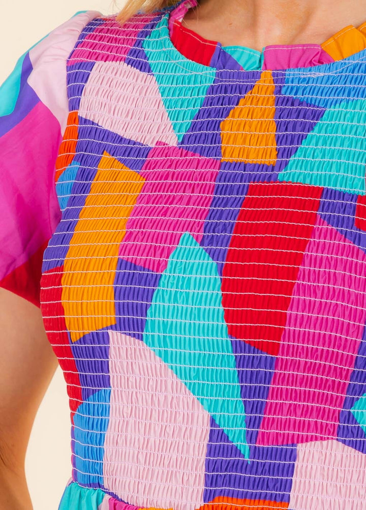 WOMEN'S SHORT SLEEVE SMOCK TIERED COLORBLOCK MAXI DRESS