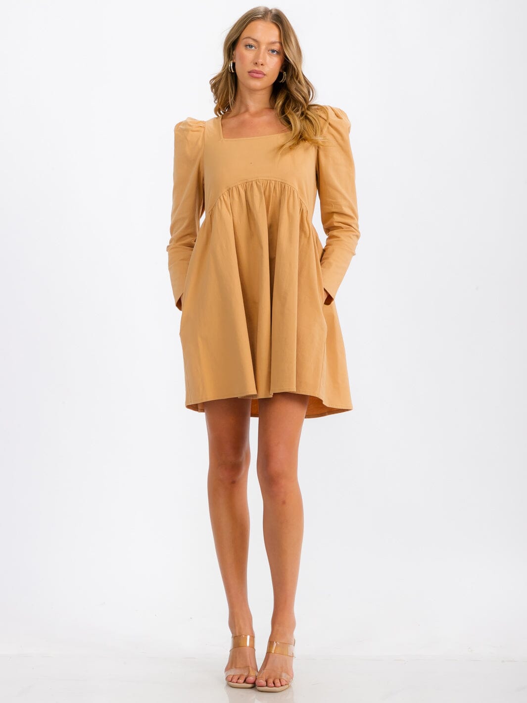 WOMEN'S LONG SLEEVE SQUARE NECK POCKETS TUNIC MINI DRESS