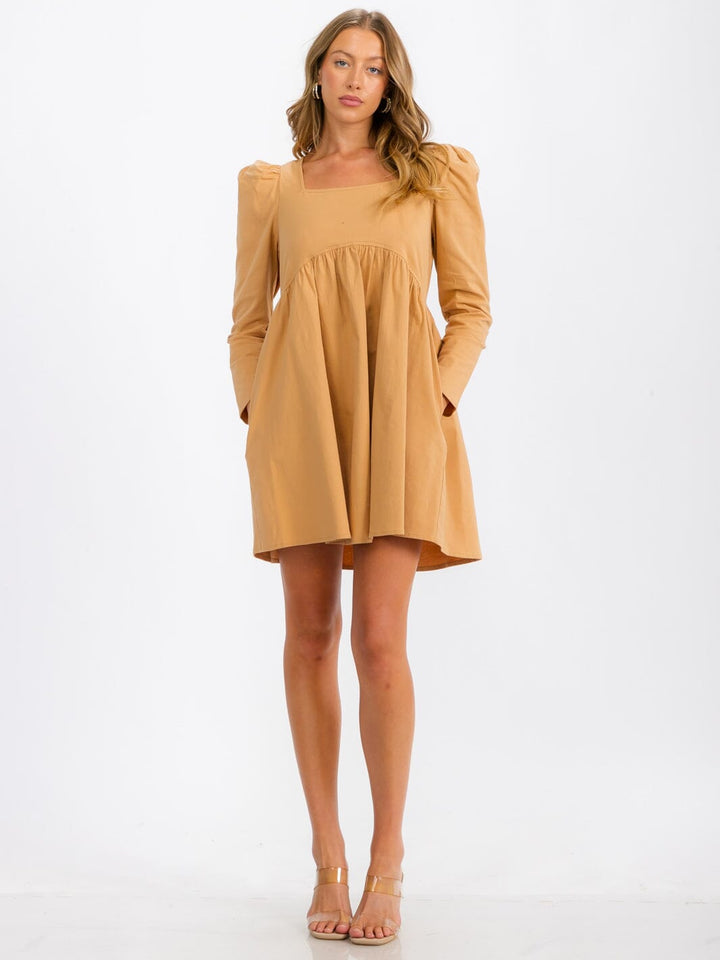 WOMEN'S LONG SLEEVE SQUARE NECK POCKETS TUNIC MINI DRESS