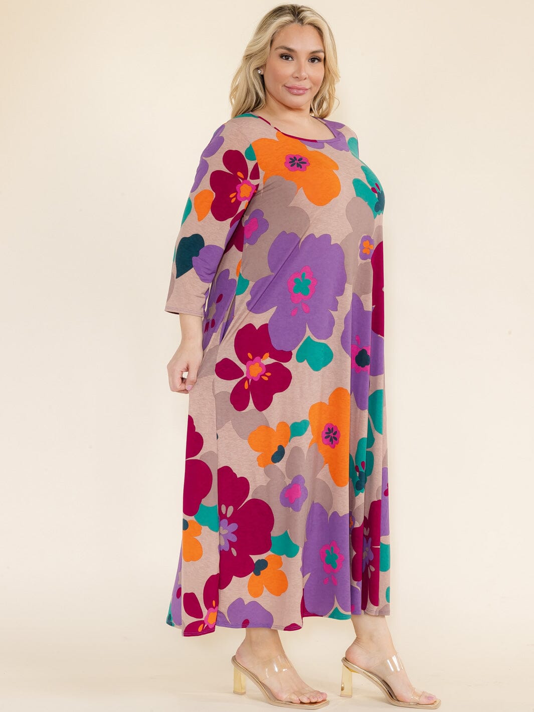 PLUS SIZE 3/4 SLEEVE SQUARE NECK FRONT POCKETS FLOWER PRINT TUNIC MAXI DRESS